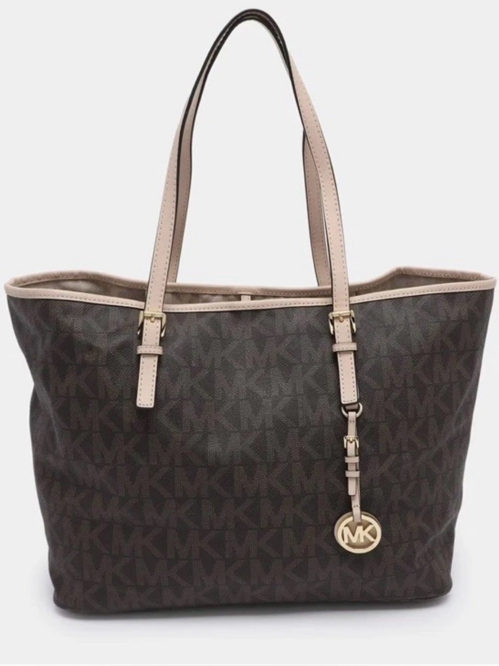 MICHAEL MICHAEL KORS LARGE JET SET TRAVEL BROWN MULTIFUNCTION TOTE MK SIG PVC